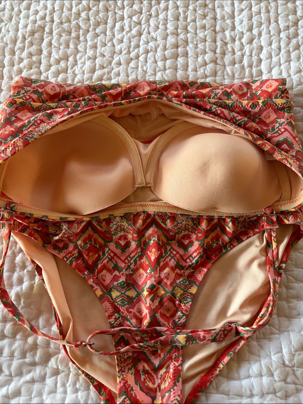Garnet Hill Strapless One-Piece Swimsuit in Coral geometric pattern. Size 6. - Picture 3 of 7